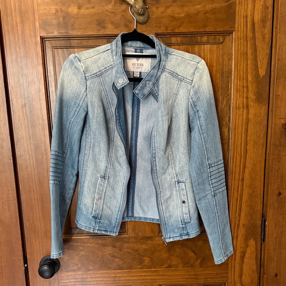 GUESS Light Wash Blue Denim Moto Jacket